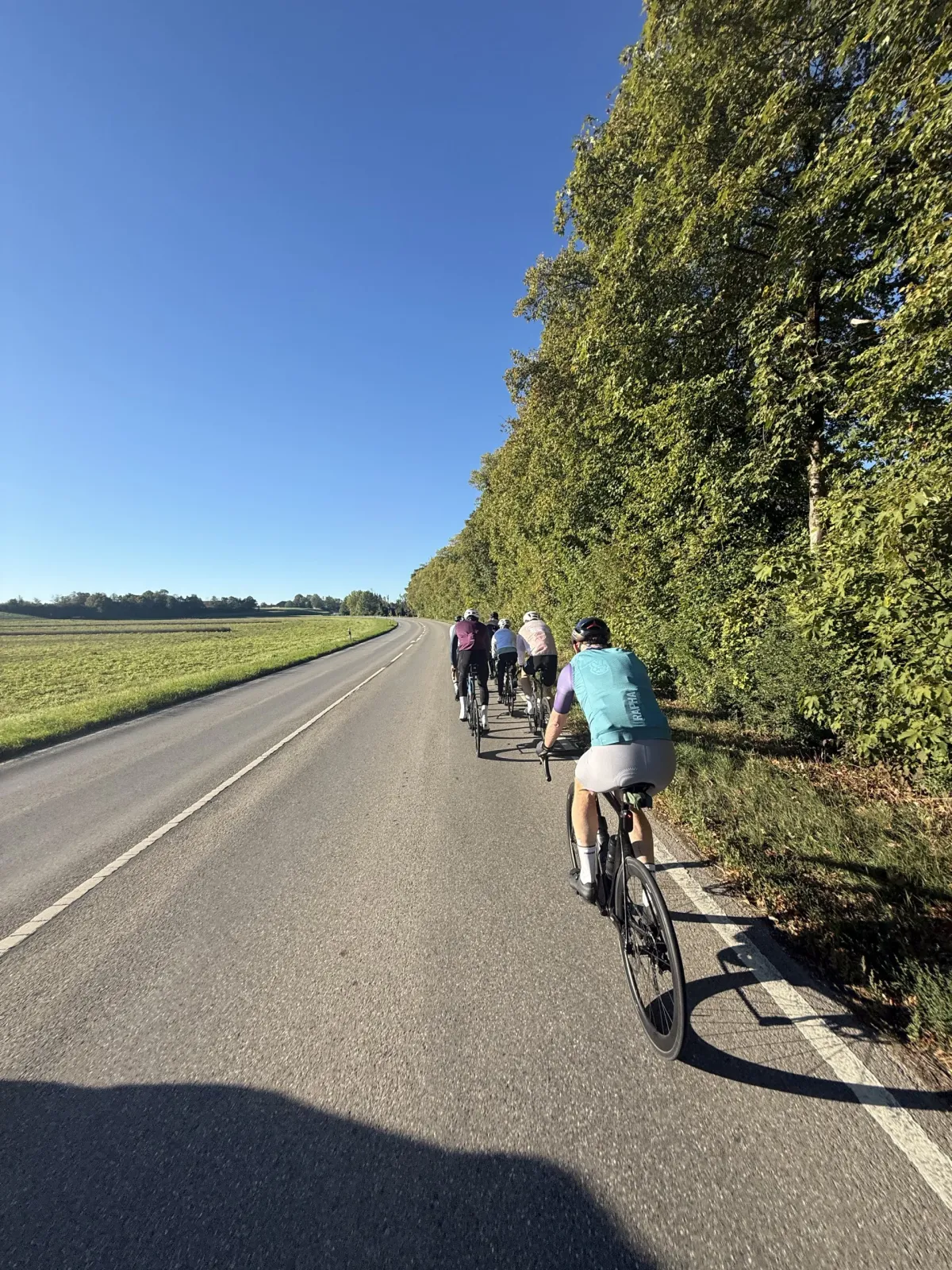 Die Fahrradgruppe auf der Landstraße bei Sonnenschein am Morgen
